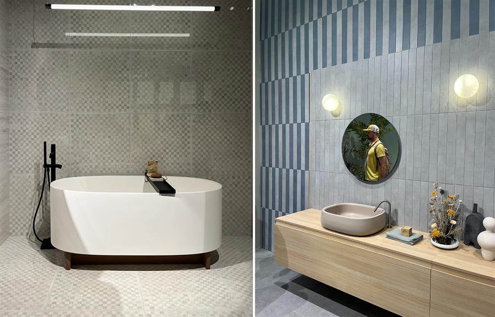 (Left) Grey Cersaie chequerboard bathroom tiling, (Right) Vertical grey chequerboard metro tiles